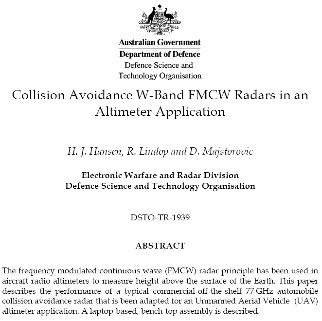 collision avoidance W-Band FMCW radars in an altimeter application