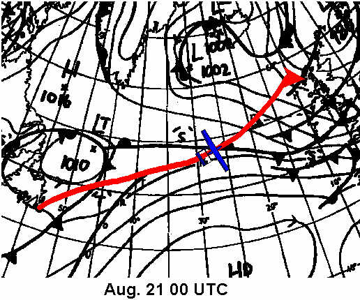 Surface isobaric and frontal analysis from the UK Meteorological Office August 21 with the flight track of Laima superimposed