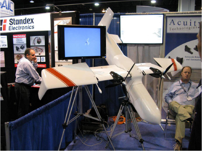 The Acuity Technologies tilt wing unmanned aircraft on display at the AUVSI North America 2010 Conference