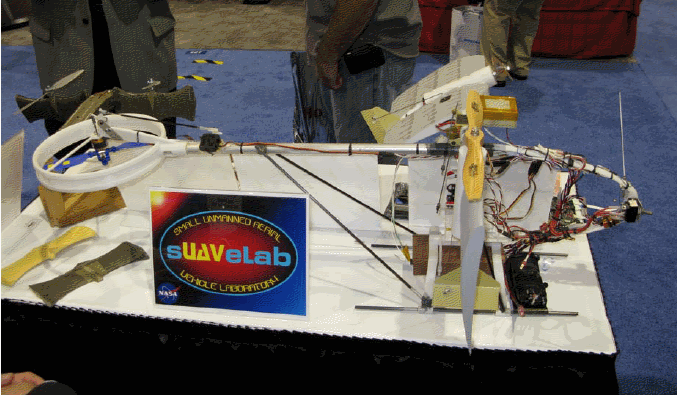 The three rotor NASA tilt wing Unmanned Aircraft, as displayed at the AUVSI Conference 2008 in San Diego.